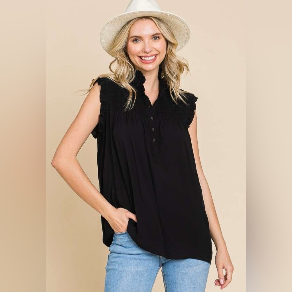 Culture Code Full Size Frill Edge Smocked Sleeveless Top